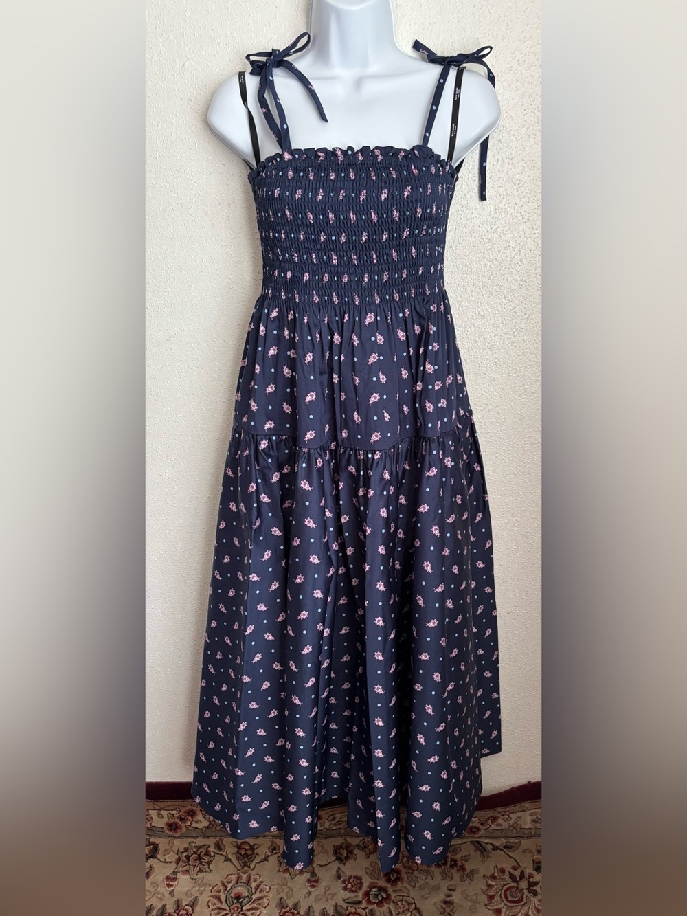 kate spade Navy Smocked Midi Dress with Pink Floral Print